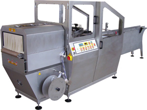 Automatyczna maszyna do foliowania - wykonana ze stali nierdzewnej - wersja przeznaczona dla przemysłu spożywczego.